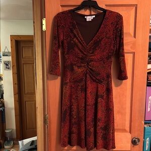 Maggy London Red Ruched V-Neck Fit and Flare Dress